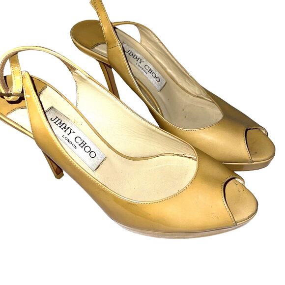 Jimmy Choo Patent Leather Nova Sling Back Nude Peep Toe Heels US 6 EU 36.5 - Picture 1 of 8